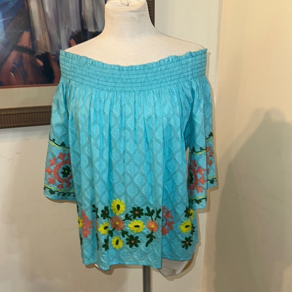 MODAPOSA Floral Embroidered Off-Shoulder Top - Blue Size Small